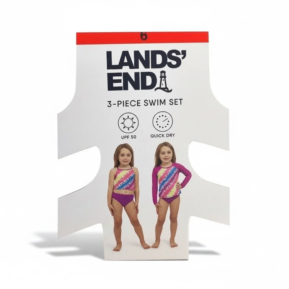 Lands' End 3 Piece Swim Set Girls Size 2T‎ Purple Geometric UPF 50 Quick Dry